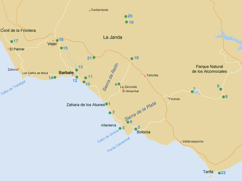 Map of Locations, SE Costa de la Luz, Cdiz Provence, Andaluca, Spain    www.fssbirding.org.uk